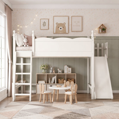 Lit mezzanine avec tablettes de rangement, garde-robe et glissière amovible, fabrication en bois massif, aucun sommier nécessaire