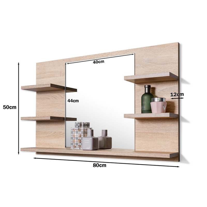 Jakiah Rectangle Wall Mirror with Shelves, Brown