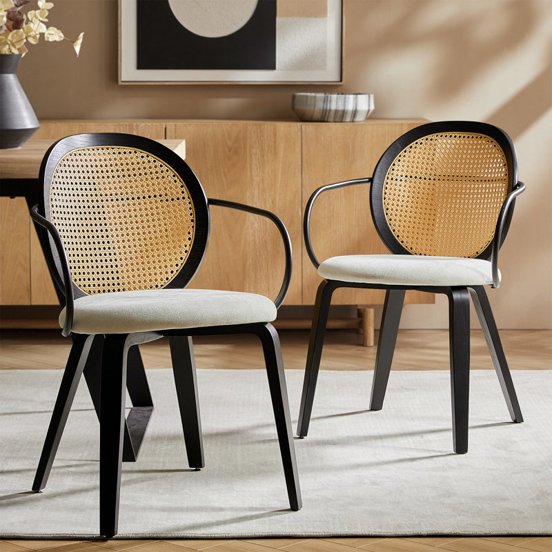 Dionisio 19.5W Mid-Century Modern Rattan Accents Dinning Chair With Solid Wood Legs Set Of 2, Ivory