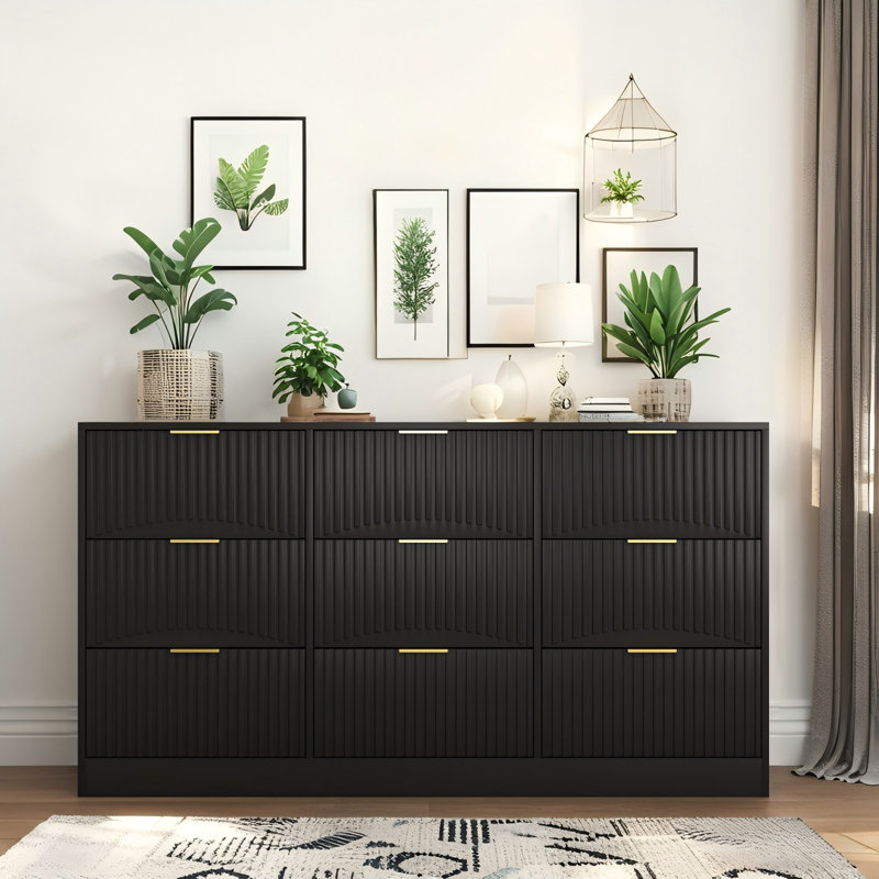 Black 9 Drawer Dresser With Golden Handles, 63″ Wavy Panel Storage Chest, Black