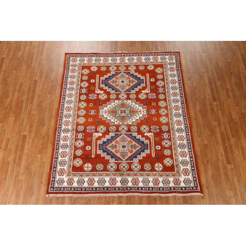 Tapis oriental géométrique Kazak noué à la main 7 x 8