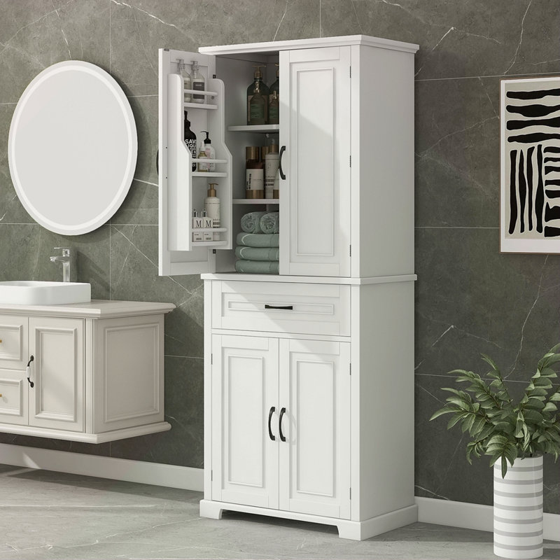 Armoire de rangement de salle de bain avec portes et tiroir, plusieurs espaces de rangement, tablette réglable, Blanc