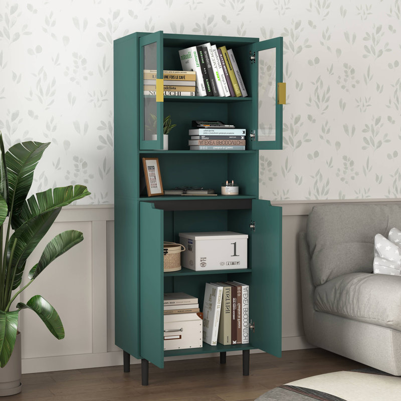 Bibliothèque de rangement haute en verre trempé avec panneau réglable, armoire à 4 portes en panneau de fibres à densité moyenne, rangement dans la chambre à coucher