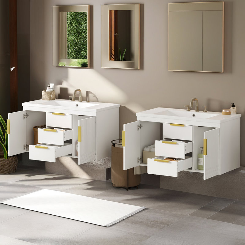??72" Wall-Mounted Bathroom Vanity with Ceramic Sink - Space-Saving Design?, White
