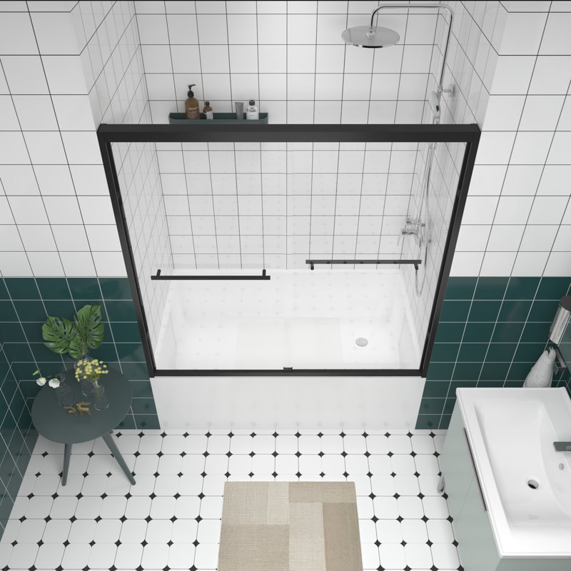 Double Sliding Bathtub Screen With Adjustable Width 56 - 60", 1/4" (6mm) & Tempered Glass, Stainless Steel Handle, Crash Angle, Quiet 58" High Shower Enclosure, Clear Mute Rollers, Easy Mounting