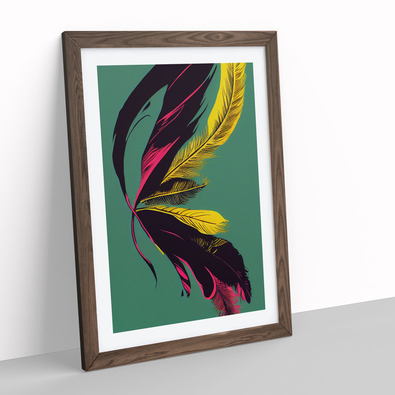 Colourful Feather No.4 - Wall Art, 66cm H x 48cm W x 2cm D, Walnut Framed, White