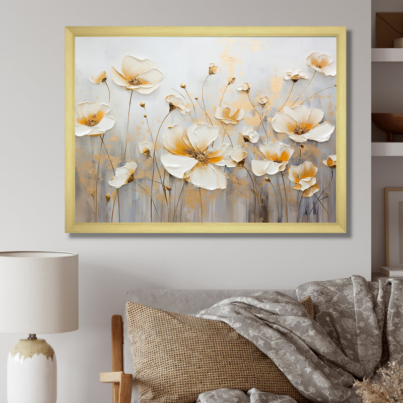 «White Buttercups On Beige Simplicity I», reproduction d'art sur toile, Cadre doré simple, H 30 po x l 40 po x P 1,5 po