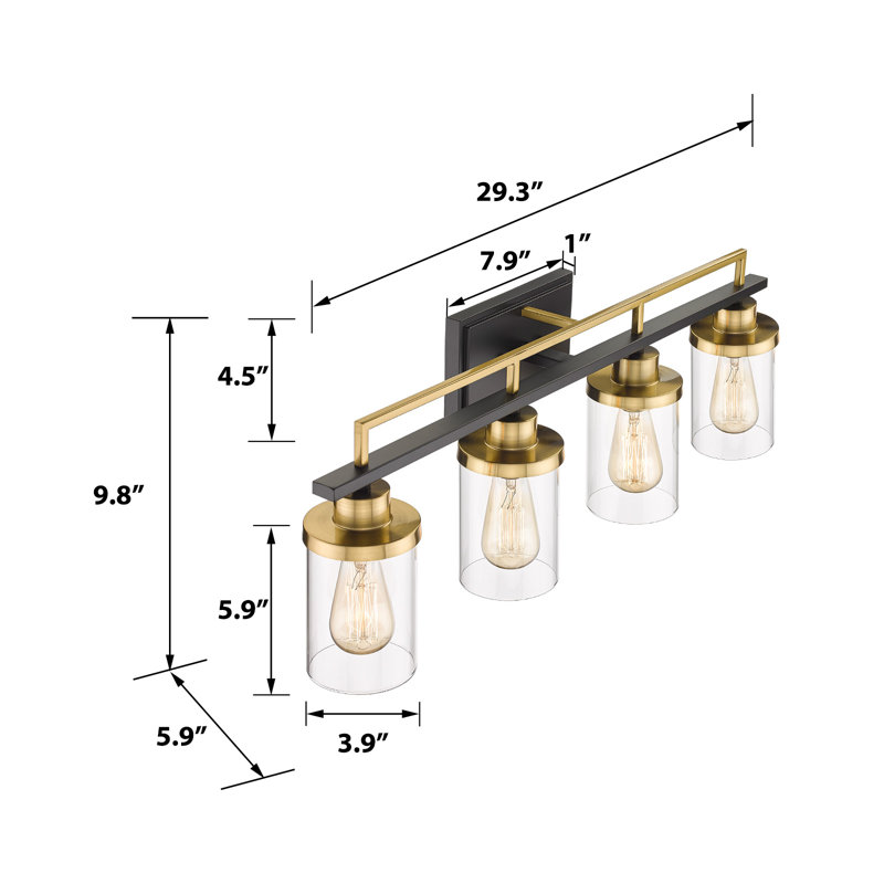 Éclairage pour salle de bain 2 lumières avec verre transparent de style maison de campagne, 4, Noir mat / Or