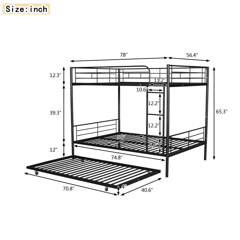 Metal Bunk Bed With Trundle, Black, Full Over Full