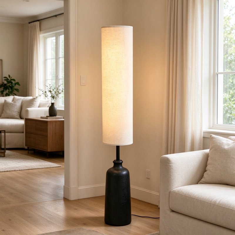 Black Ceramic Jar Floor Lamp with Cylindrical Fabric Shade, Rustic Tall Standing Lamp for Living Room Bedroom