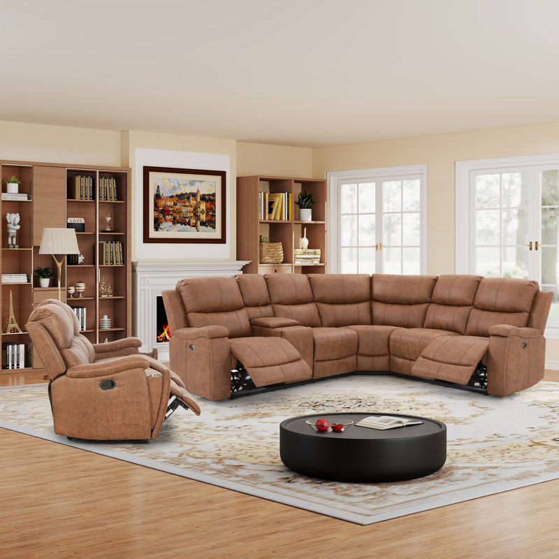 Hunstant 2-Piece Reclining Corner Sectional Sofa And Couch Set With Cupholder & Usb Ports, Brown Faux Leather