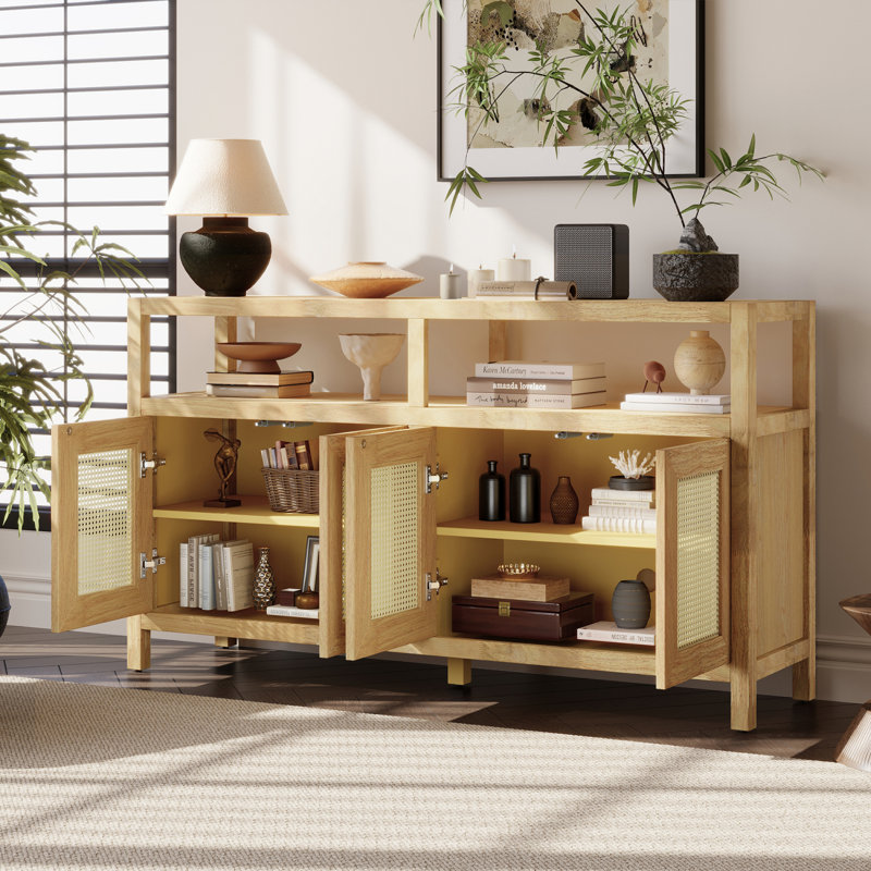 Bohemian Style Rattan Buffet Storage Cabinet with Solid Wood Frame, Push-to-Open Design, Natural