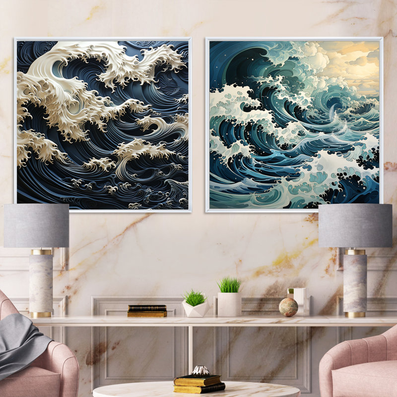 Abstrait bleu et blanc, tempête océanique - ensemble de 2 collages carrés côtiers, Cadre flottant blanc, H 30 po x l 61 po
