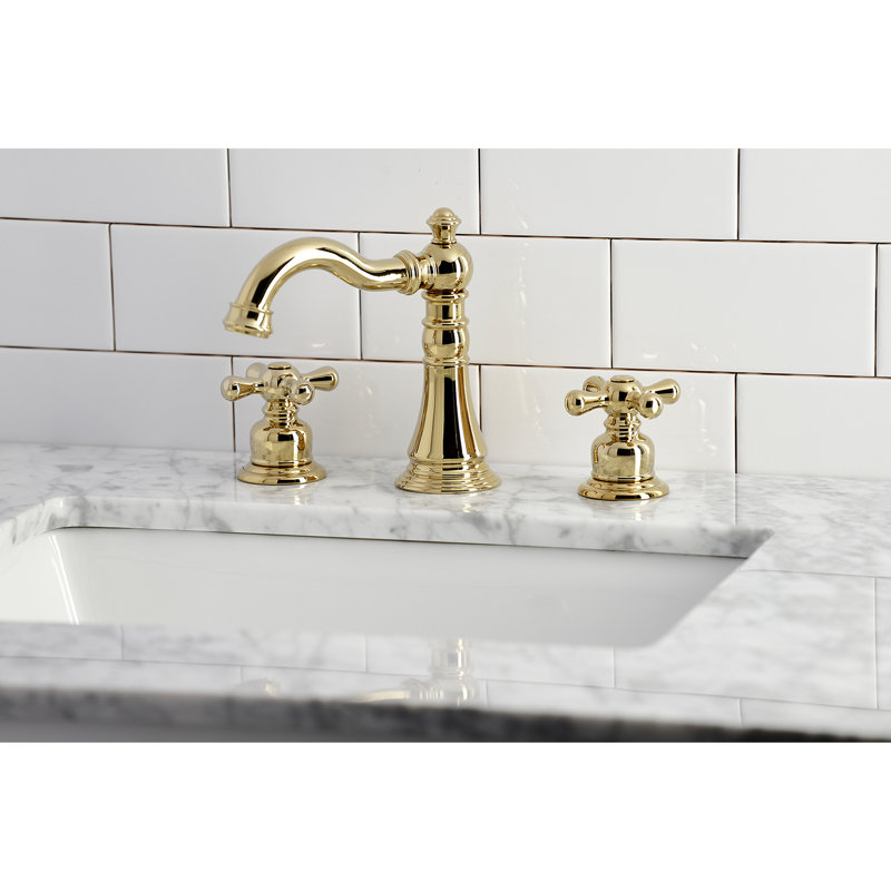 Kingston Brass American Classic Two-Handle 3-Hole Deck Mount Widespread Bathroom Faucet with Pop-Up Drain, Polished Brass