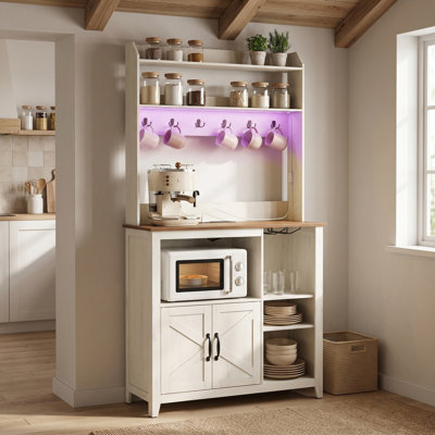 Étagère de boulanger de ferme avec lumières DEL et prise de courant, 35,4 x 14,2 x 68,9 pouces, blanc et brun