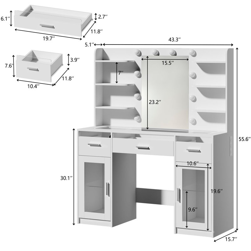 Makeup Vanity Desk With Adjustable Lighting, See-through Desktop, Power Outlet, White