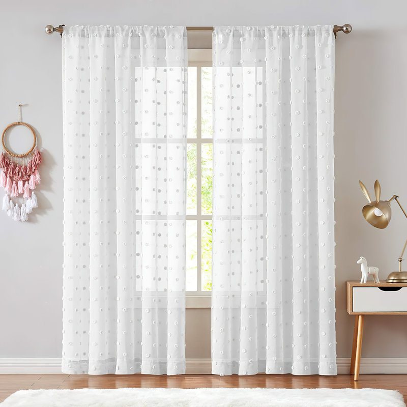 Pom Pom Voile Rod Pocket Sheer Curtains, 54" W x 63" L, Gray