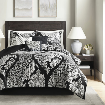 King Bedding - 7 Piece Cotton Printed Black With Stunning Details Comforter For Bed Embroidery