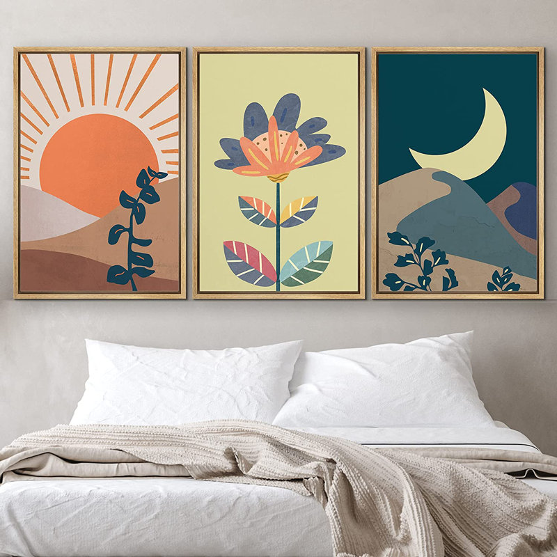 «Orange Moon» et «Green Crescent Moon with Flower Nature Sky», ensemble de 3 impressions sur toile, Naturel
