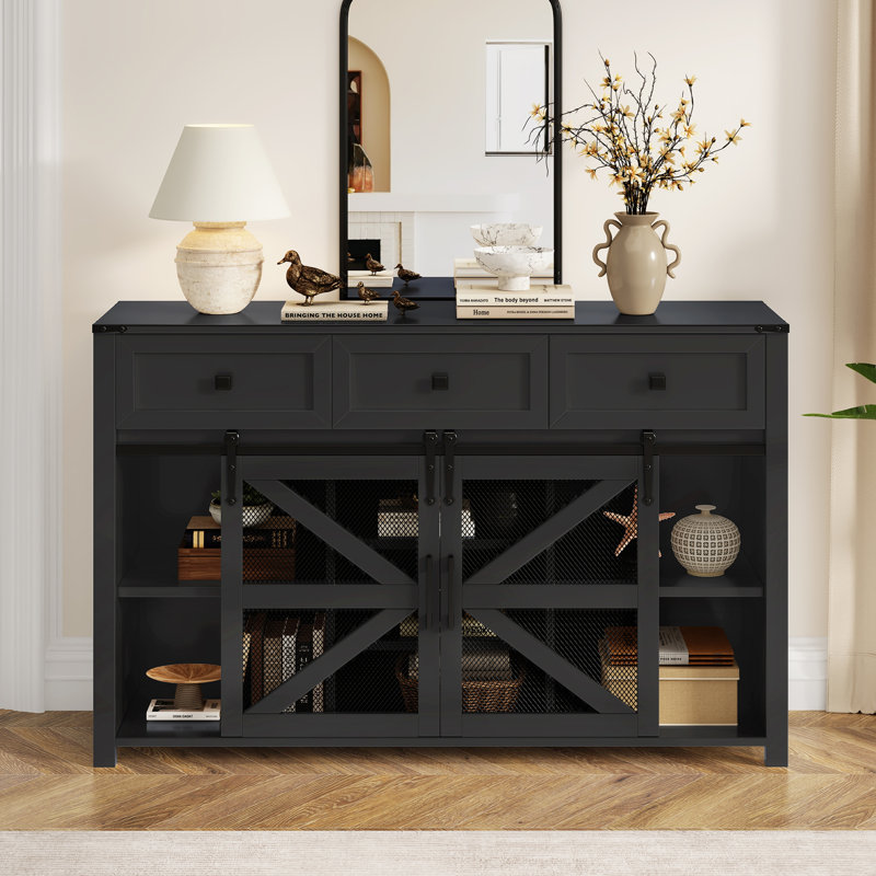 55'' Sliding Barn Door Sideboard Buffet Cabinet with 3 Drawers, Adjustable Shelves, Metal Mesh & Particleboard Doors, Aluminum Handles