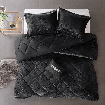 Édredon en velours de luxe pour très grand lit / très grand - noir avec grâce, rembourrage, 2 taies décoratives, 1 coussin, lavable à la machine