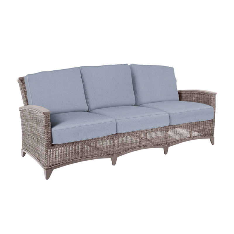 Astoria 85.13" Wide Outdoor Wicker Patio Sofa with Cushions, Arbor Chambray, Oyster, Welt