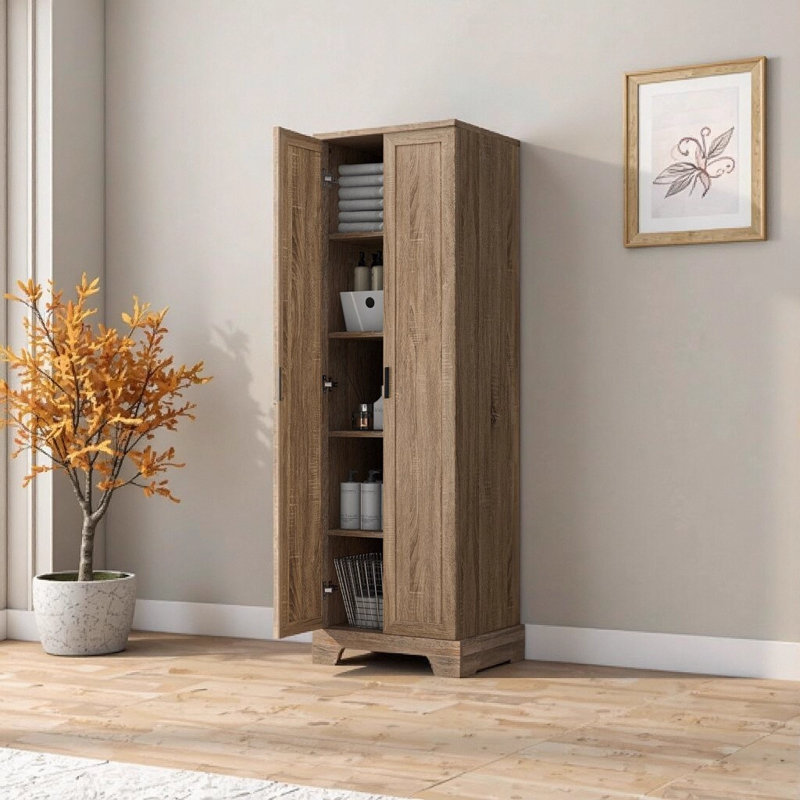 Brown MDF Bathroom Storage Cabinet with Adjustable Shelves, 2-Door Freestanding Organizer for Office/Dining Room, Anti-Tipping Design, Easy Assembly (23.3”L x 16.9”W x 71.2”H)