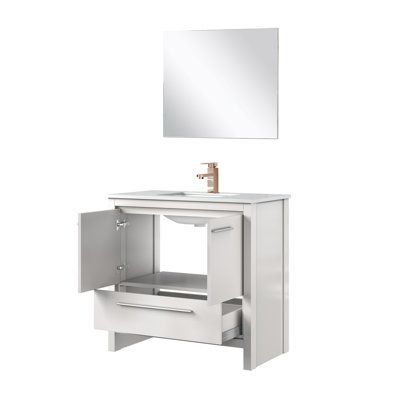 Meuble-lavabo blanc l 36 po x P 20 po, plateau en marbre de culture, robinet en or rose et miroir de 28 po