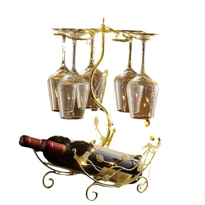 Wine Rack With Glass Holder, Countertop Wine And Stemware Storage Stand, (Gold)