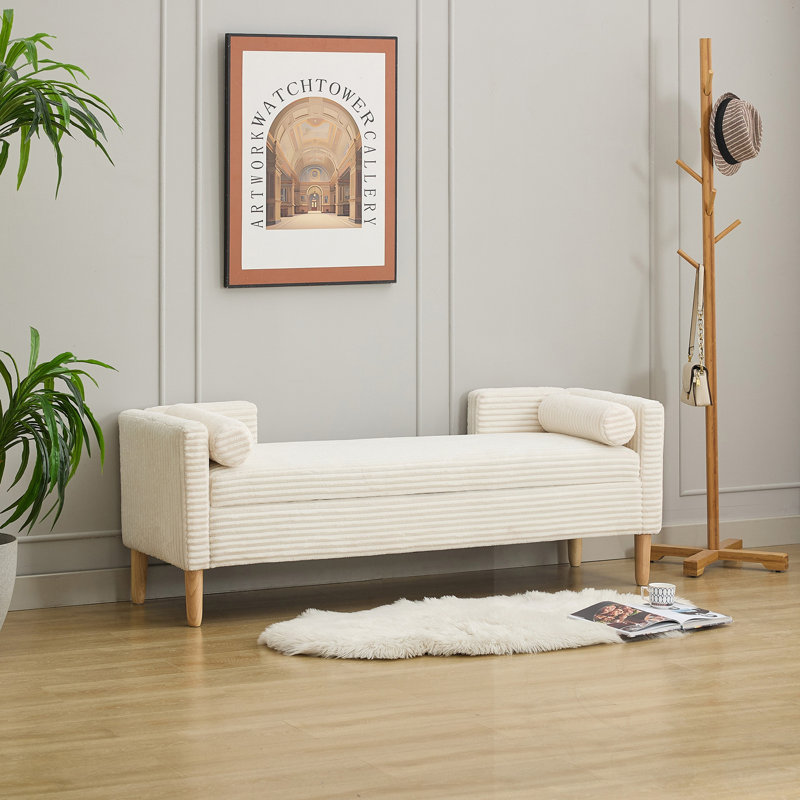 Banc de rangement rembourré avec accoudoirs et coussins, H 22,43 po x l 64,76 po x P 22,44 po, Ivoire ivoire