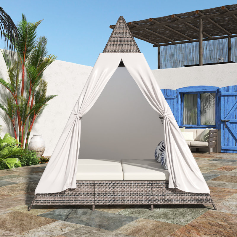 Wicker Tent Outdoor Sumbed With Colorful Cushions, Beige Cushion/Brown Frame