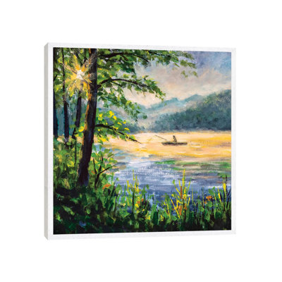 Fishing. Fisherman In Boat In Beautiful Morning Lake. by Valery Rybakow - Painting on Canvas
