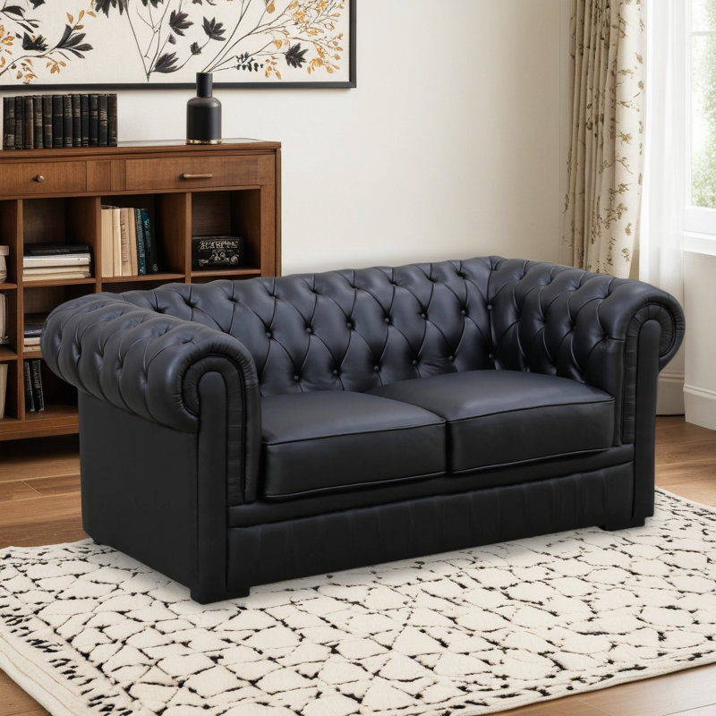72.5" Tufted Leather Chesterfield Loveseat – Top Grain Cowhide Sofa For Living Room | Solid Wood Frame & European Design