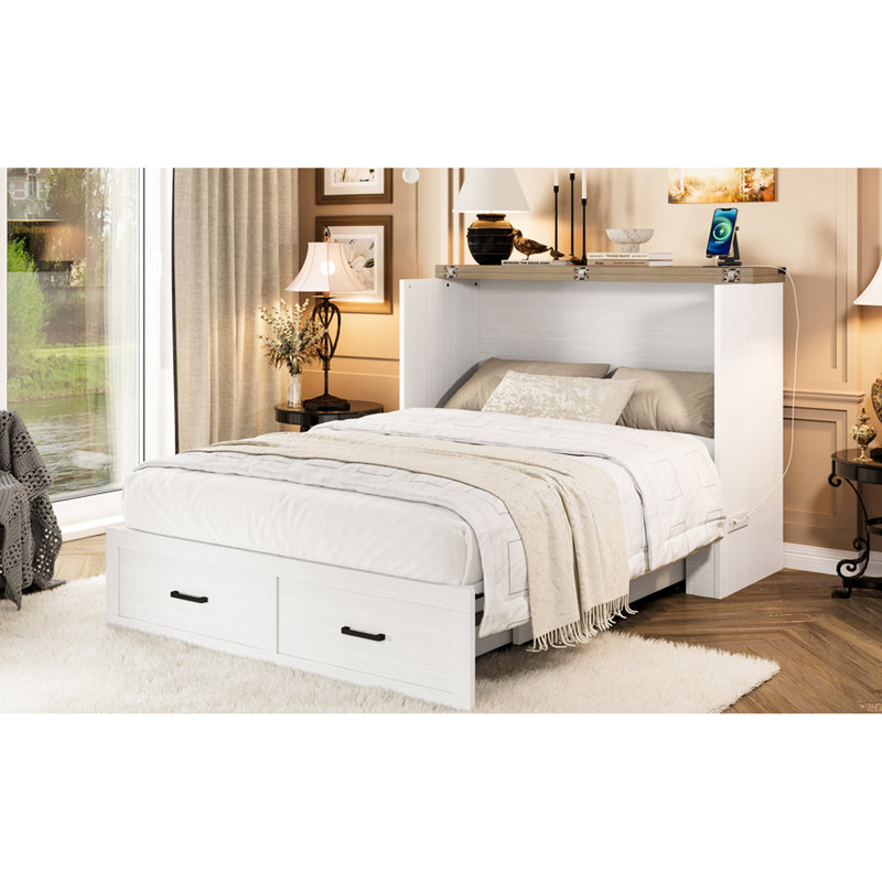 Lit double pleine grandeur avec station de charge et tiroir de rangement, mélange d'espace et de style pliable multifonctionnel pour les appartements