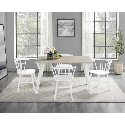 Ensemble de salle à manger 5 pièces en bois blanc et naturel avec table Windsor et 4 chaises Windsor