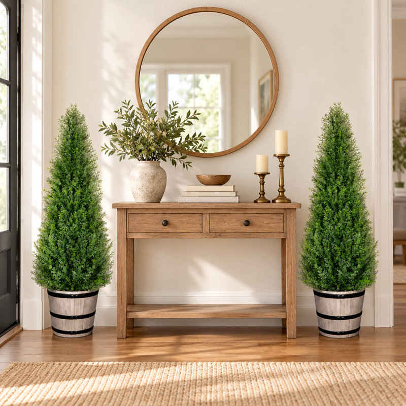 2-Pack 3FT Artificial Cedar Topiary Trees with Rustic Barrel Planters