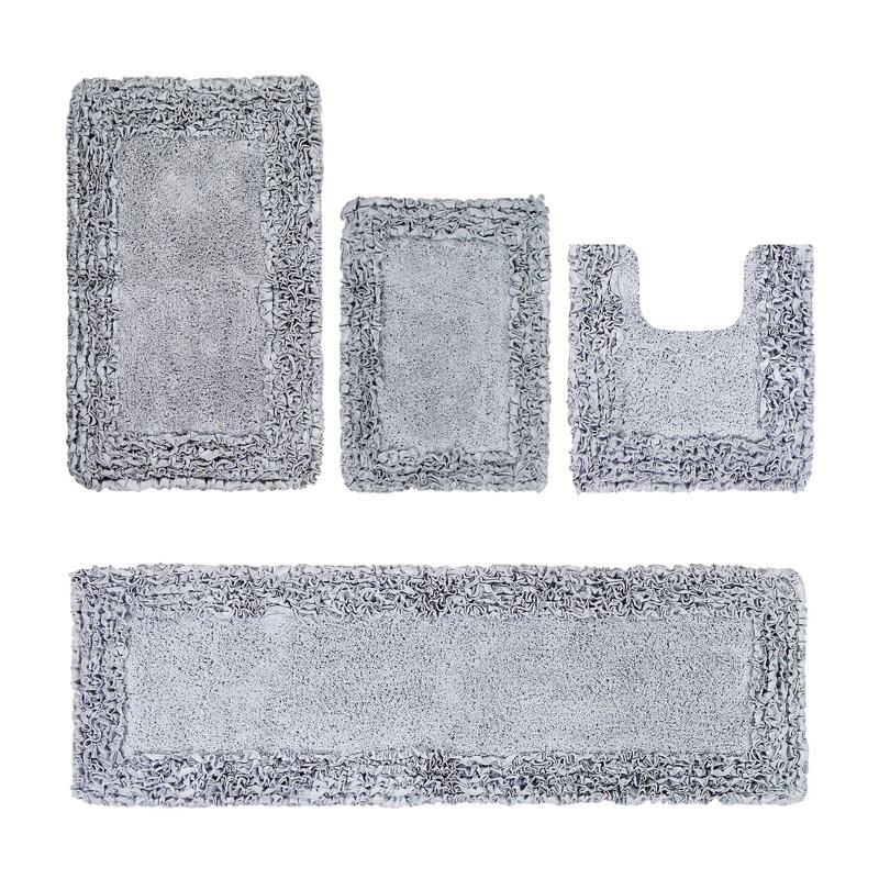 Ensemble de tapis pour salle de bain 100% coton 1775 g / m² 4 pièces Courson, certifié OEKO-TEX®, envers en latex antidérapant, motif de volants touffetés moelleux, super absorbant, tapis de salle de bain lavables à la machine, argent