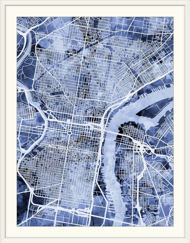 «Philadelphia Pennsylvania City Street Map» par Bellen, impression, H 32 po x l 26 po x P 1 po, Cadre blanc