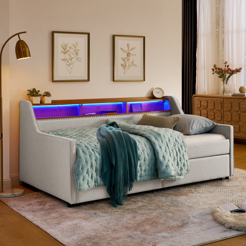 Twin Size Upholstered Sofa Bed with Adjustable Headboard, 3 LED Lights, Wireless Charging, 2 Storage Drawers, Linen Padded Frame in Beige