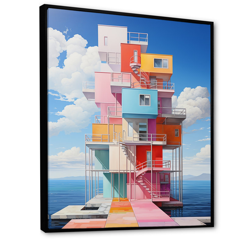 Phare de Stijl Lansdcape II sur toile, Cadre flottant noir, H 44 po x l 34 po x P 1,5 po