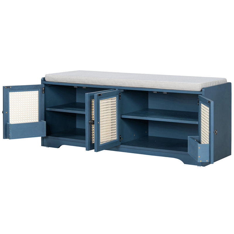 Rattan Doors Shoes Storage Bench, Navy Blue