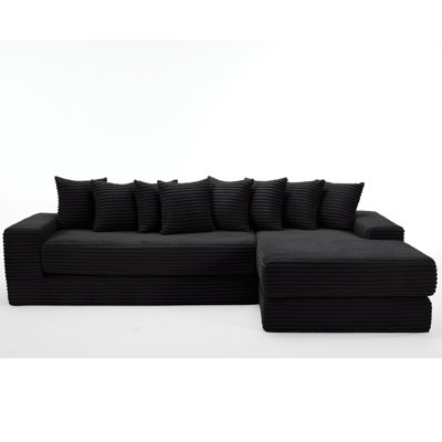 [New Arrival] Video-Showcased Oversize Cloud L-Shape 3-in-1 Convertible Sleeper Sofa with Eight Pillows & Magazine Bag - Right Facing, Black Corduroy by Latitude Run