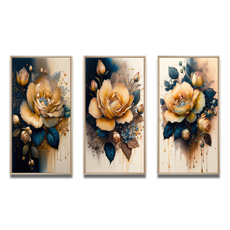 " Yellow And Blue Roses " 3 Piece Art Set, Natural, 32" H x 48" W