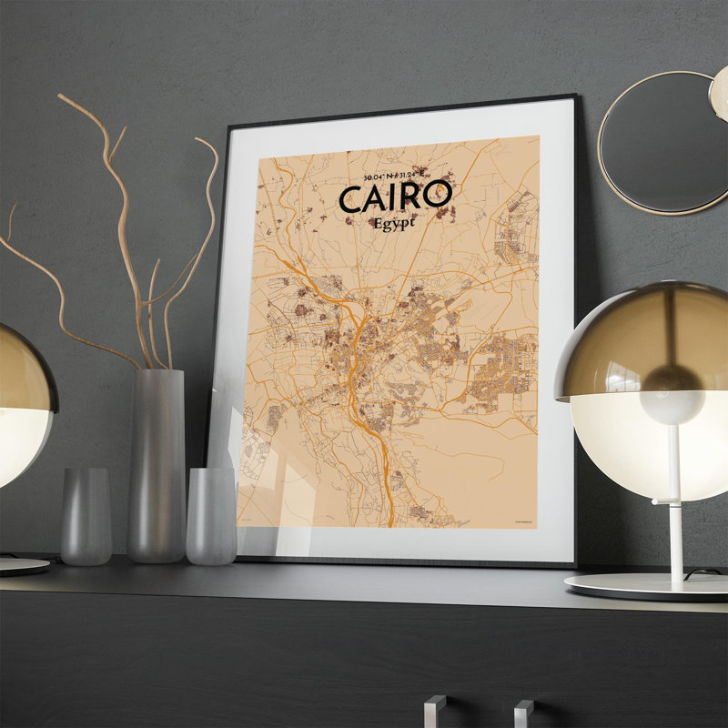 «Cairo City Map», impression rétro, H 24 po x l 18 po x P 0,05 po, Orange / or pâle