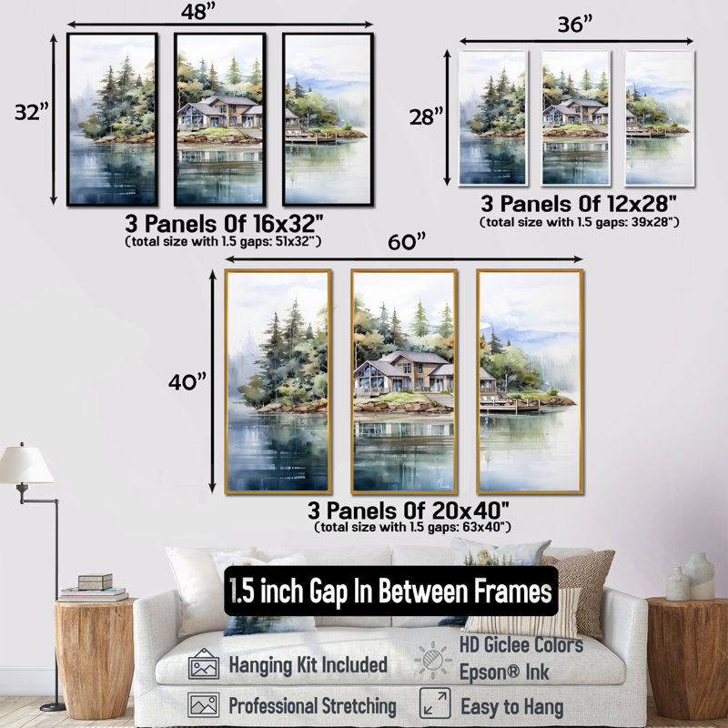 Ensemble d'art sur toile Lake House, H 40 po x l 60 po x P 1 po, Cadre naturel flottant