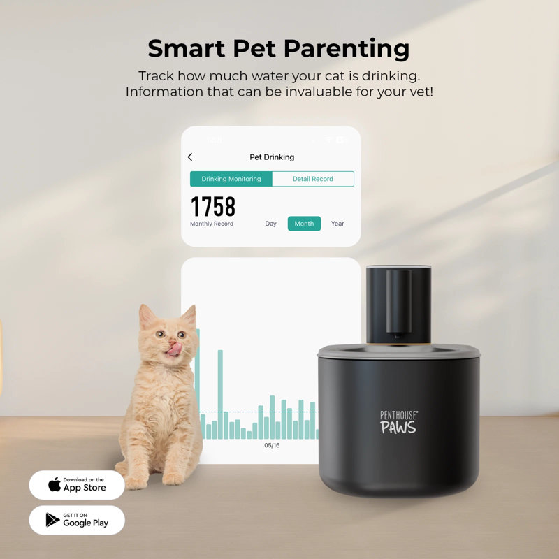 Fontaine sans fil Penthouse Paws Smart, 3,5 L, contrôlée par une application, ultra-silencieuse, capteur de mouvement, autonomie de 45 jours, filtration UV à 5 niveaux, fontaine portative pour animaux de compagnie, noire, pour chat et chien