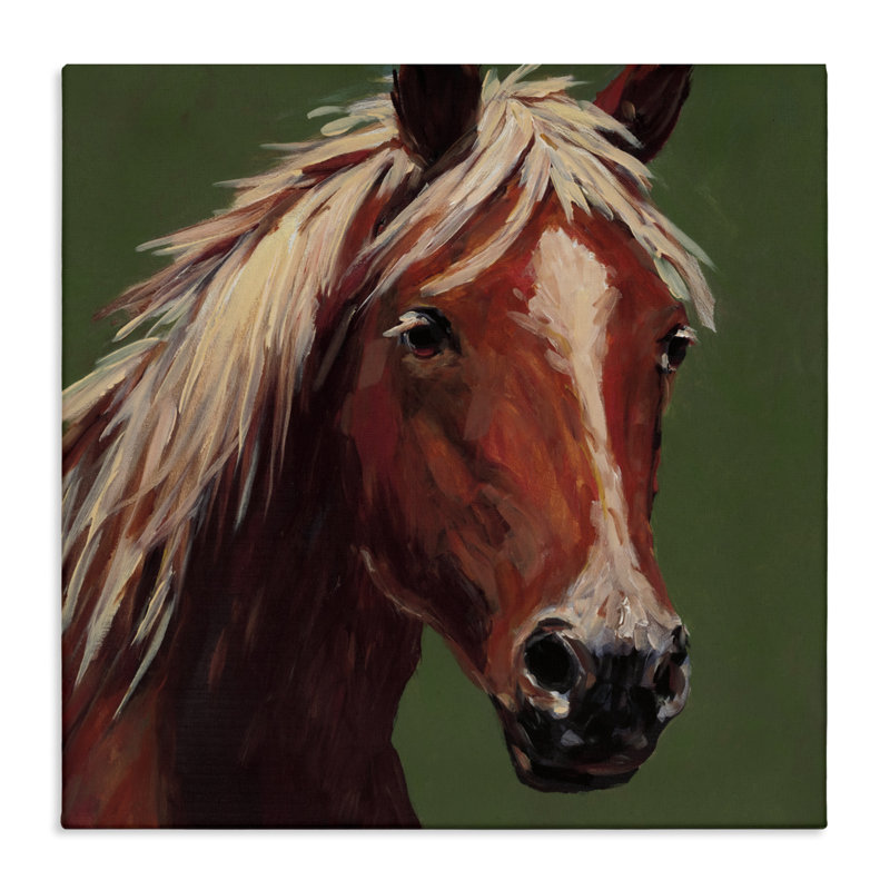 Cheval moderne sur toile verte, design par Wani Pasion, H 36 po x l 36 po