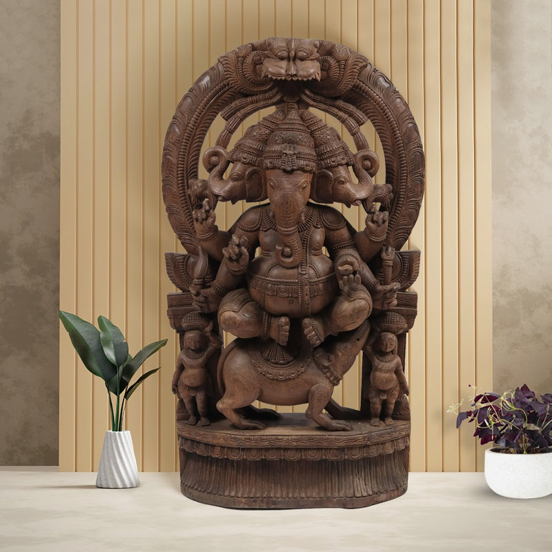 Hand-Carved Wood Trimukha Ganesha Statue on Rat with Kirtimukha Arch, 48 in. H     Hindu Religious Sculpture for Home Altar & Foyer