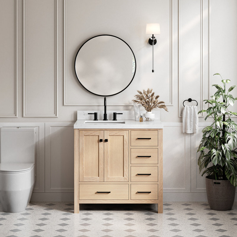  36'' Single Bathroom Vanity with Quartz Top, Oak, Rectangular, Left