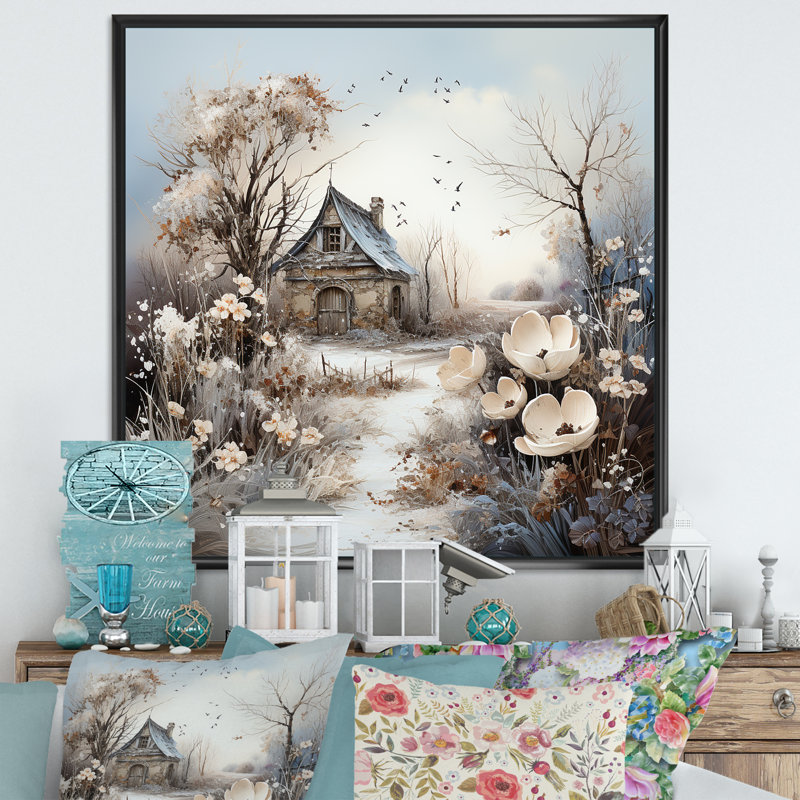 «Cottage Charm In Winter II», reproduction d'art sur toile, Black Picture Framed, 24" H x 24" W